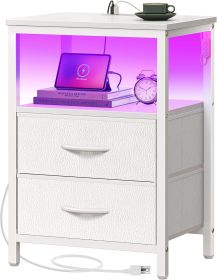 Night Stand with Charger Station and LED Lights, 2 Drawer Nightstand, Bed Side Table with Open Shelf, End Table, Fabric Dresser for Bedroom