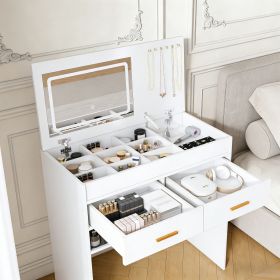 Flip Top Vanity Desk with LED Lighted Mirror & Built-in Outlet - Makeup Vanity Table with 2 Drawers, Open Storage