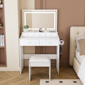 New Large Mirror Vanity Desk for Bed room , Modern Makeup Vanity Set with Power Outlet and Hair dryer holder, 5 Drawers