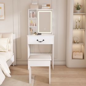 Modern Mini Dressing Table with LED-lit Mirror & Hidden Storage,Includes Padded Stool,Adjustable Brightness Vanity Desk,Multi-tier Dust-proof She (Color: White)