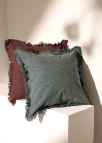 Stonewashed Linen Throw Pillow with Handworked Edges & Fringe -22X22" (Color: as Pic)