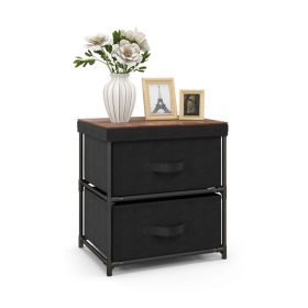 2-Drawer Nightstand with Removable Fabric Bins and Pull Handles (Color: Black)